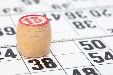 Image showing Wooden barrel lotto with number thirteen