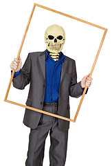 Image showing Man dressed as skeleton in wooden frame