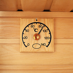 Image showing Wooden thermometer - temperature in sauna