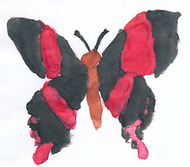 Image showing Big butterfly with black wings drawn by child on paper