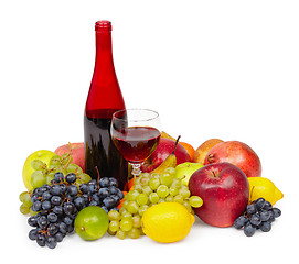 Image showing Still life - bottle of red wine, glass and fruit on white