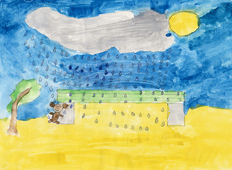 Image showing Children's colored drawing - toy, bench and rain