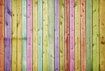 Image showing Wooden wall painted in colors of rainbow