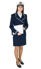 Image showing Serious woman in uniform sea captain with tablet