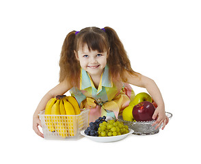 Image showing Little girl with big bunch of fruit