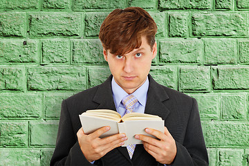 Image showing Person reads book on background of green wall