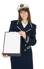 Image showing Beautiful woman - sailor on white background, with tablet in han