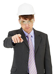 Image showing Expert in safety precautions strictly points a finger