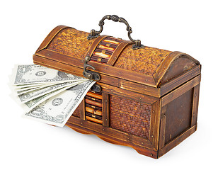 Image showing Old wooden little chest and money