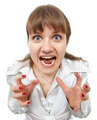 Image showing Scared amusing young woman shouts