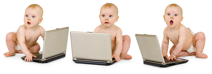 Image showing Three baby in diapers with laptops on white