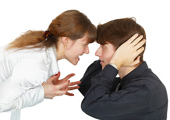 Image showing Woman emotionally proves correctness of dispute