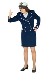 Image showing Beautiful woman in uniform of sea captain on white background