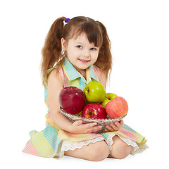 Image showing Beautiful girl on white with plate of fruit