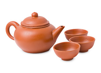 Image showing Ceramic ancient oriental teapot and cups