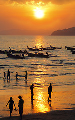 Image showing Long tailed boat at sunset in Thailand