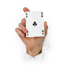 Image showing Hand holds ace of clubs isolated on white background