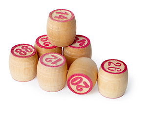 Image showing Wooden kegs for bingo on white background