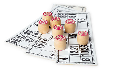 Image showing Kegs for bingo on cards, isolated on white