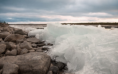 Image showing Heap of ice on bank of river