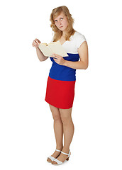 Image showing Russian woman reads a book on white background