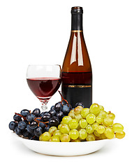 Image showing Bottle, glass with red wine and grapes