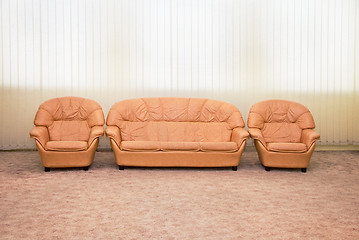 Image showing Leather armchairs and sofa in interior of modern room