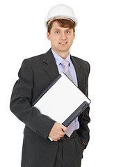 Image showing Smiley builder with laptop in hand
