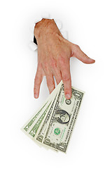 Image showing Hand giving stack of dollars on white background