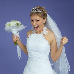 Image showing Bride in white dress shouts with happiness