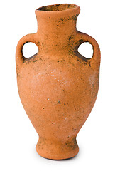 Image showing Ancient miniature clay amphora on white background