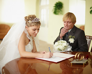 Image showing Registration of marriage. Groom in doubt.