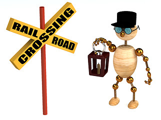 Image showing 3d railroad crossing sign and wood man