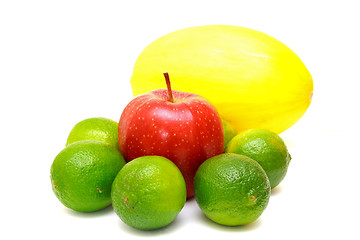 Image showing Colorful fruits melon, laime and apple