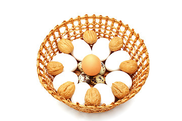 Image showing Eggs and quail egg in the basket with nuts