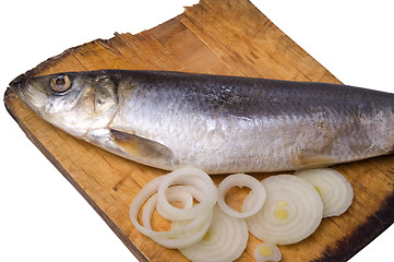 Image showing Herring with onion on old wooden board