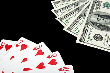 Image showing Playing cards and money on black background