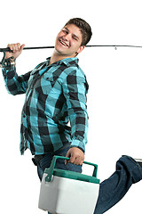 Image showing Happy Fisherman with His Rod and Cooler