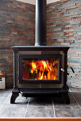 Image showing Burning Cast Iron Wood Stove Heating