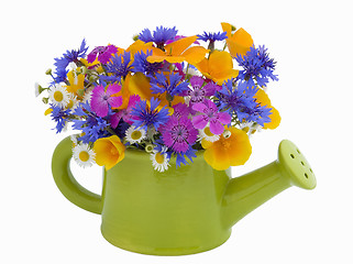 Image showing bunch of flowers in the  watering pot