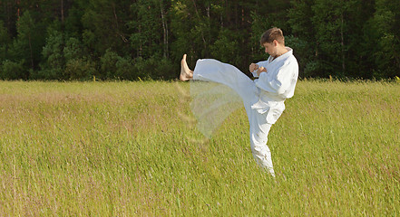 Image showing Man in kimono fulfills blows by feet in field