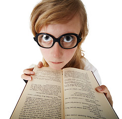 Image showing Funny woman in big glasses with book