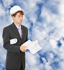 Image showing Engineer - builder on background of cloudy sky