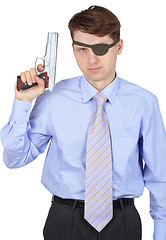 Image showing Modern pirate, pistol in hand, on white