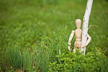 Image showing Toy man embraces young tree