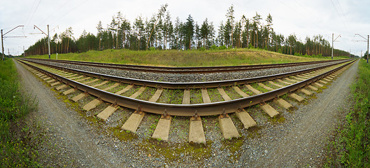 Image showing Wide-angle panoramic photo of railroad tracks