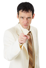 Image showing Serious man in business suit to show us finger