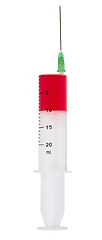 Image showing Large syringe with blood on white background