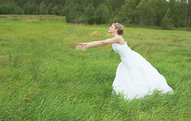 Image showing Bride hastens towards to groom on meadow