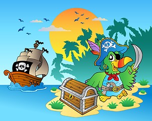 Image showing Pirate parrot and chest on island